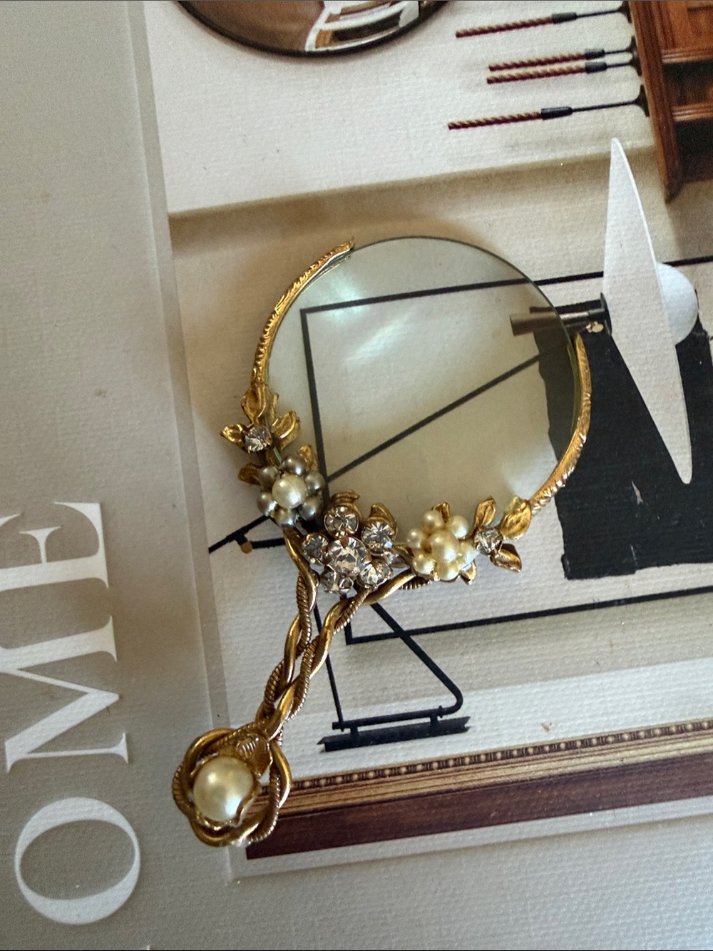 & Other Stories Gold Floral Hand Mirror with Pearls and Rhinestones
